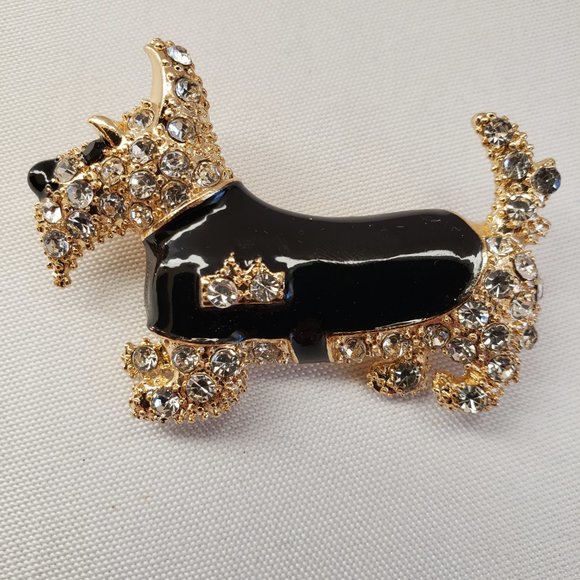 Scottie Dog Brooch.  Scottish Terrier.  Black enamel, diamond simulants on gold - Picture 8 of 12